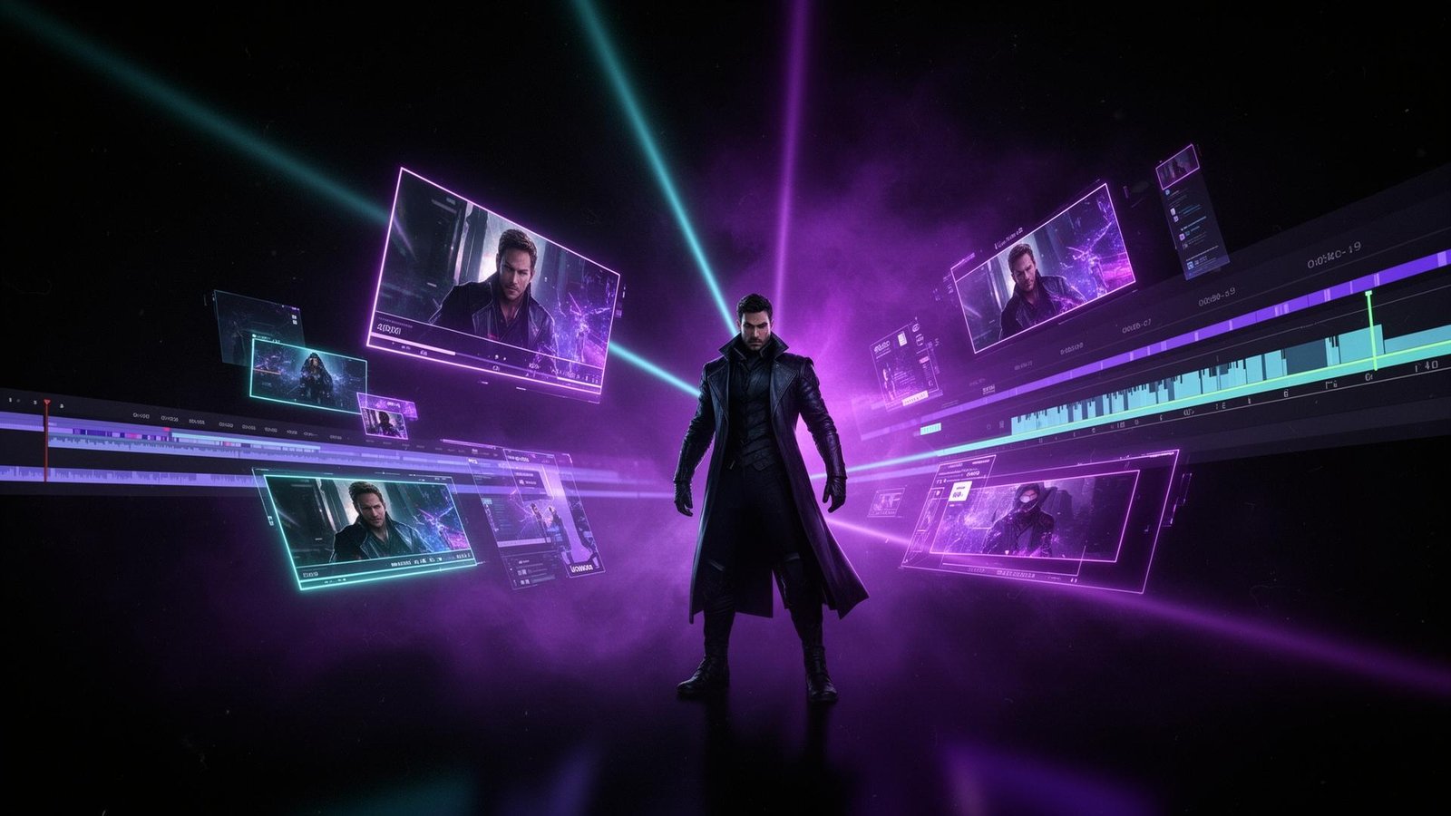 Cinematic AI video studio mit schwebenden Video-Frames